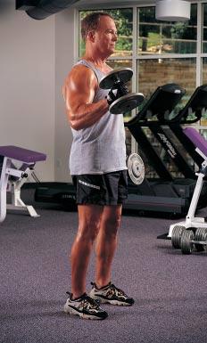 6 hammer curls This exercise stretches out the biceps and also gives the muscles of the forearm a workout. Really focus on the contraction at the top to give your biceps a full, round look.