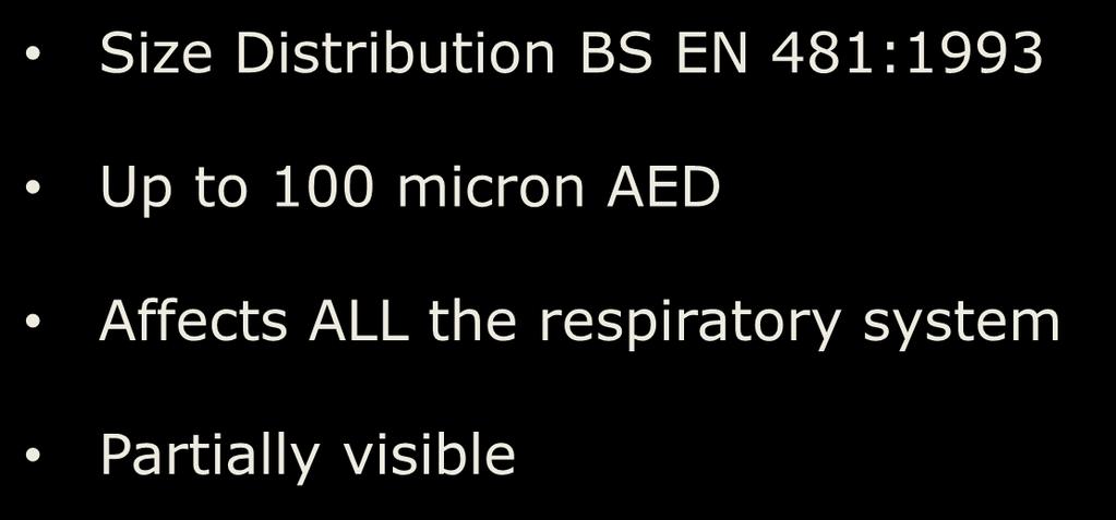 Size Distribution BS EN 481:1993 Up to 100 micron AED Affects ALL the respiratory system Partially visible
