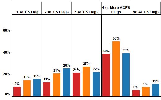 Violence 39% of students with 4 or more ACEs reported carrying a weapon in the past 30 days 50% of students with 4 more ACEs reported engaging in a fight in the past year