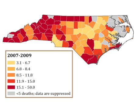 Unintentional Poisoning Mortality Rates: North Carolina, 2001-2011 Crude rates per 100,000 person-years Citation: North Carolina State Center for Health Statistics. NC Health Data Query System.