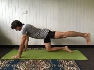 Griffin Downward Facing Dog From Single Leg Table Top, raise the extended lower limb to hip height, keeping the pelvis stable. Lengthen from crown to heel, holding 5 to 20 seconds.