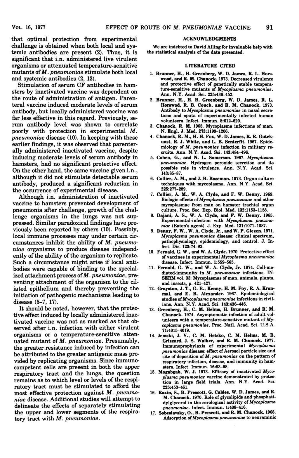 VOL. 16, 1977 EFFECT OF ROUTE ON M. PNEUMONIAE VACCINE 91 that optimal protection from experimental challenge is obtained when both local and systemic antibodies are present (2).