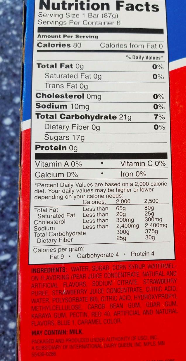November 9th - Dairy Queen Stars and Stripes Bar Allergy Option - Otter Pops Giant Freezer Bars Serving Size: 1 Pop Calories: 80 Total Fat: 0 grams (0% DV) Sodium: 10.