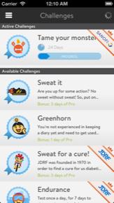 Challenges The Challenges screen is found through the side menu. Challenges are special assignments that push you to get a little more involved in your diabetes management.