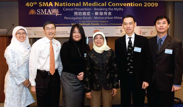 (L-R) Emcee Dr Noorul Fatha, Prof John Wong, Dr Tammy Chan, Mdm Halimah Yacob, Dr Chong Yeh Woei and Dr Tan Sze Wee Cancer Prevention Breaking the Myths 40 th SMA Medical Convention, 11 July 2009,