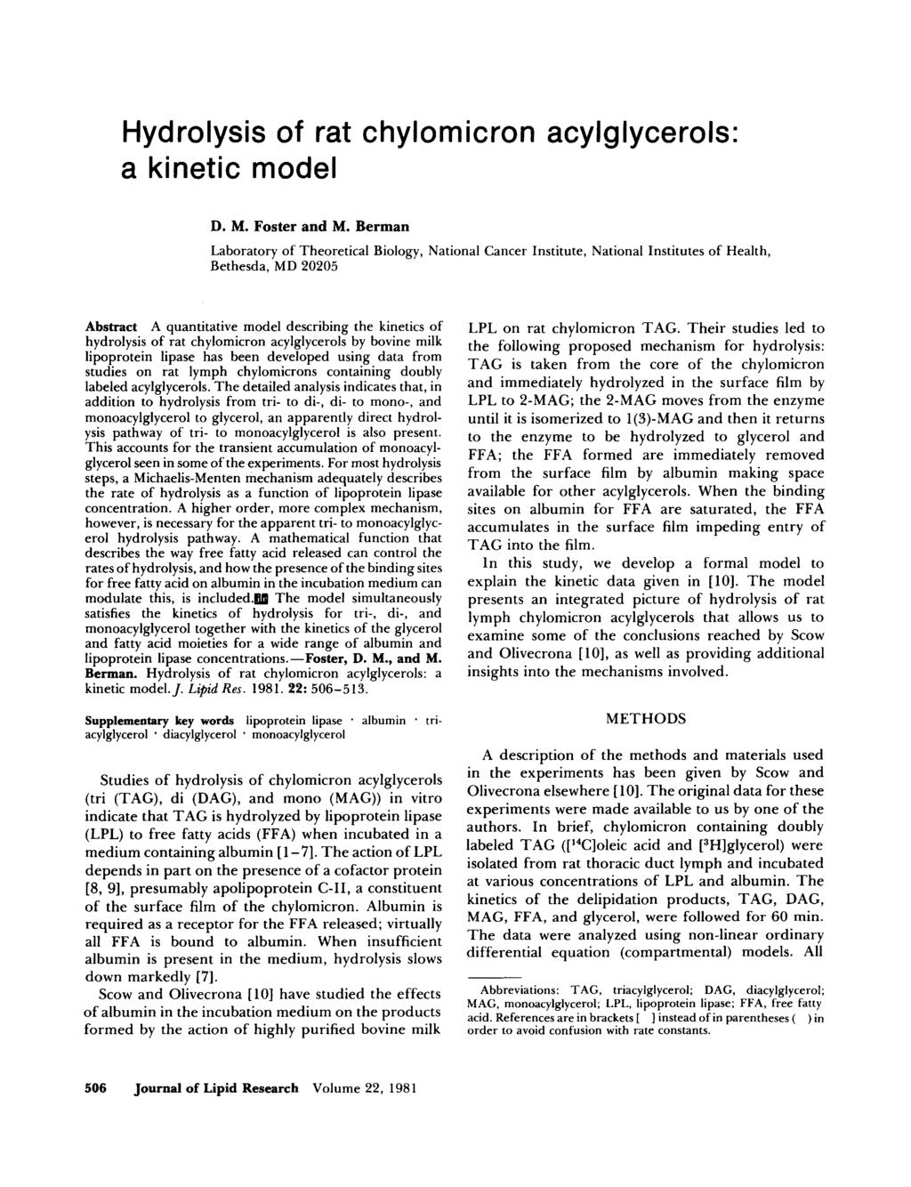 Hydrolysis of rat chylomicron acylglycerols: a kinetic model D. M. Foster and M.