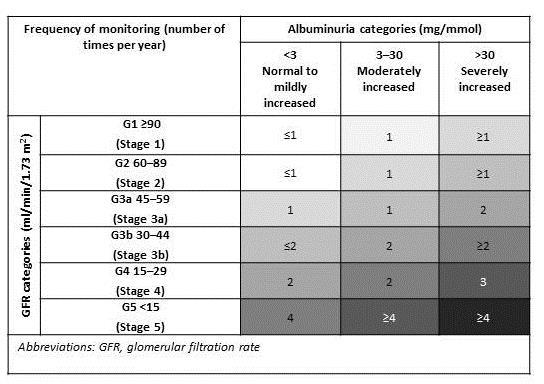 Guide to frequency of monitoring of GFR for people with, or at risk of CKD Tailor individual monitoring according to: The underlying cause of CKD Past patterns of egfrand ACR Comorbidities,