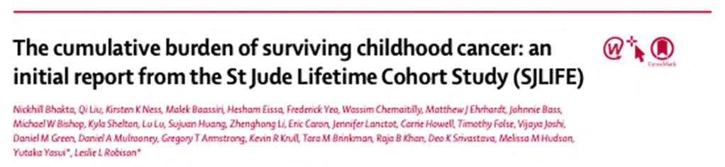 Bhakta et al, Lancet, 2017. Studied 5,522 Survivors >18 years old and > 10 years form diagnosis On average: 17.