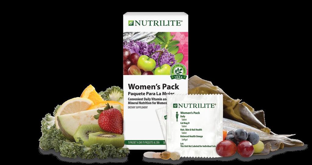Women s Pack 10-5481 Nutrilite Women s Pack provides 20 essential vitamins and minerals at 100% or more of the Daily Value.