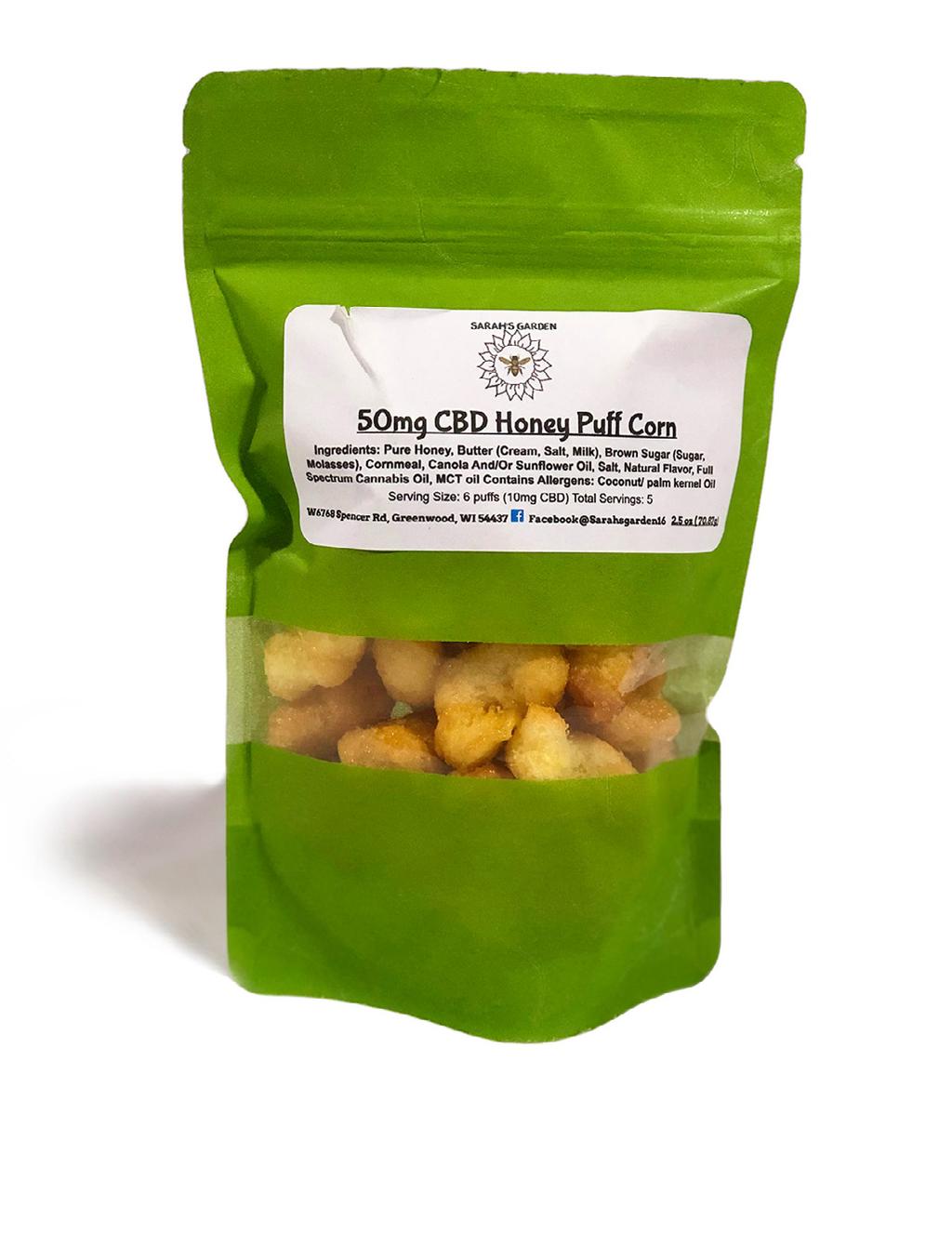 Sarah s Garden CBD Honey Puff Corn (50mg) Sarah s Garden is located in Greenwood, WI. Enjoy this tasty snack anytime of the day! Contians 5 servings, about 6 puffs (10mg CBD).