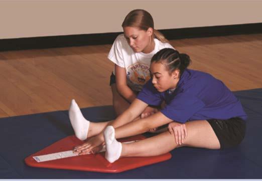 Categy 5. V-Sit Reach Objective - To measure flexibility of lower back and hamstrings. Testing - A straight line two feet long is marked on the flo as the baseline.