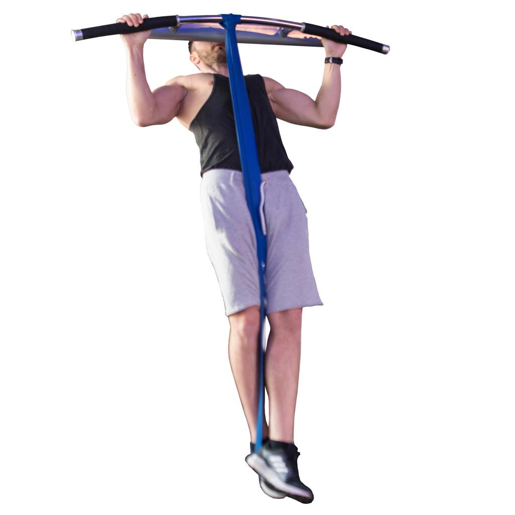 Pull-ups Based on your level of fitness you can use a resistance band to assist you in you pull ups and train your upper body muscles.