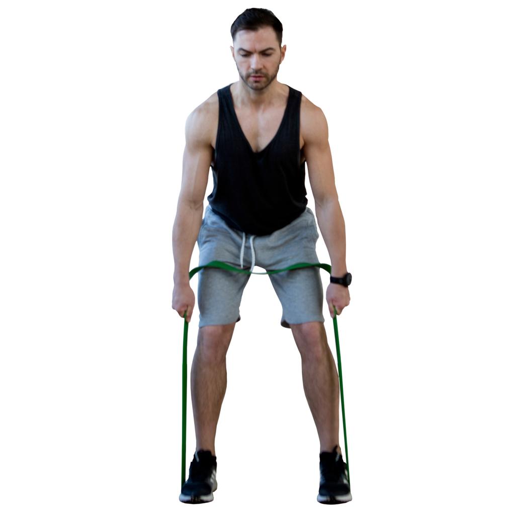 Deadlifts By performing this exercise with the resistance band, you can train your glutes, hip flexors and hamstrings muscles. Also the exercise engages your lower back muscles. 1.