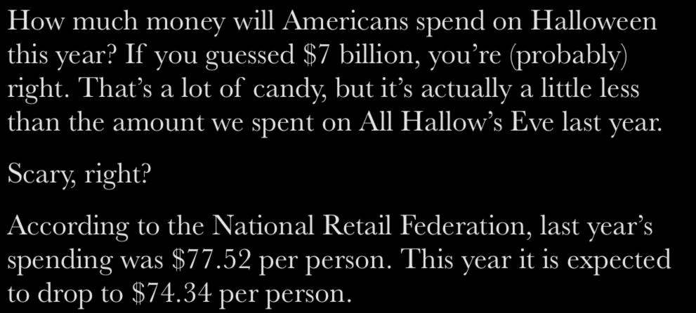 Hook: Interesting/Startling Statistic from How Much Does Halloween Cost Us by Stephanie Kraus How much money will Americans spend on Halloween this year?
