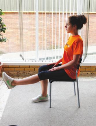 Leg extension 1. Sit on a chair, with your bottom at the back of the seat 2. Straighten your right leg, lifting it off the ground 3. Point your toes towards the ceiling 4. Hold for five seconds 5.