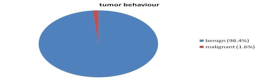 Figure 5: Tumor Behavior: Benign tumors - 134 (98.4%), Malignant tumors - 02(1.6%).