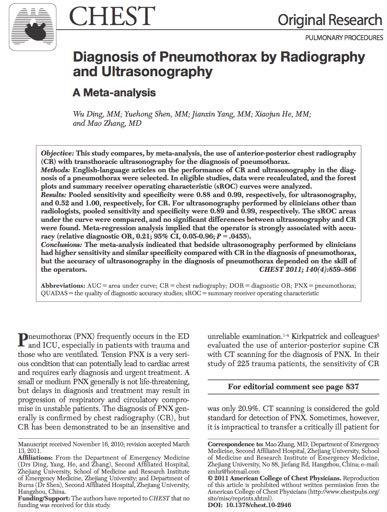 Compare AP chest x-ray with ultrasound for the diagnosis of pneumothorax Pneumothorax - Methods English-language articles on the performance of chest x-ray and ultrasonography in the diagnosis of a