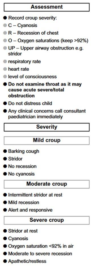 Croup Treatment Dexamethasone PO 150 micrograms/kg for all children +/- repeat dose at 12 hours If symptoms persist Nebulised budesonide 2mg can be given instead of