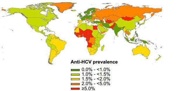 Hepatitis C epidemiological overview 130 170 million persons (2% 3% of the world's population) chronically infected with HCV Highest prevalence in Africa and Central and East Asia (>3% prevalence)