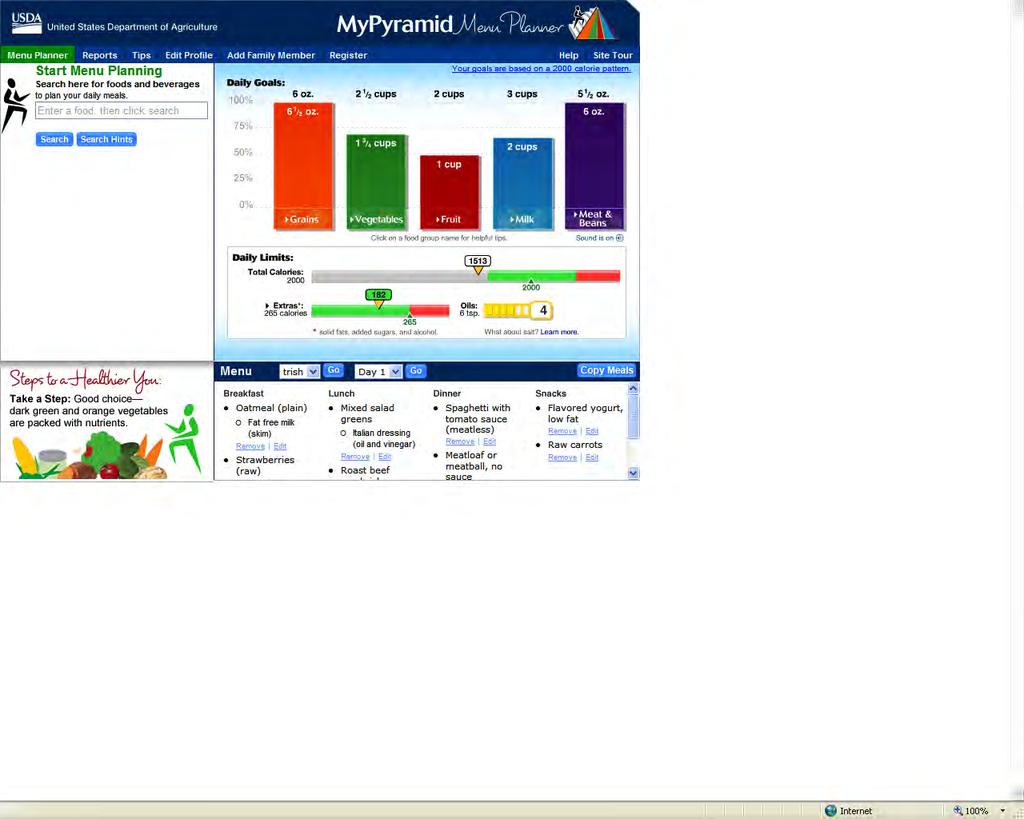 MyPyramid Menu Planner Can plan food intake for a day or up to a week Provides immediate feedback