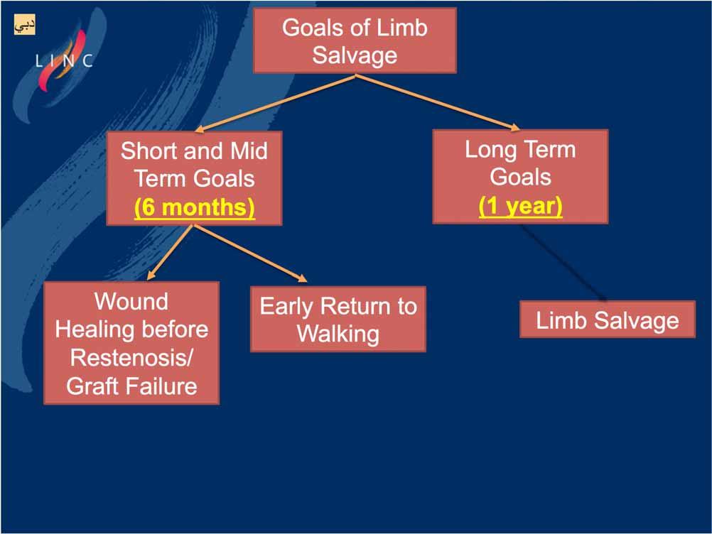 Goals of Limb Salvage Short and Mid Term Goals (6 months) Long Term Goals (1 year) Wound Healing before Restenosis/ Graft Failure