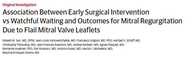 MR due to Flail leaflets: Early Surgery No heart failure symptoms, EF 60, LVESD<40mm Retrospective registry: - n=1021