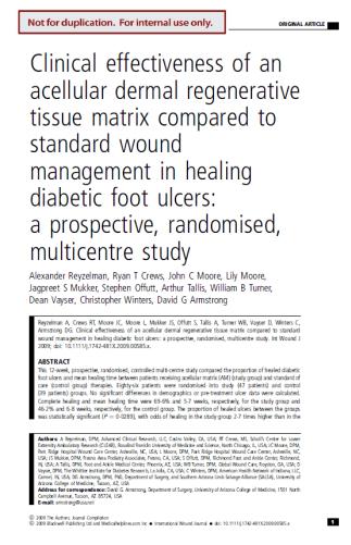 12 week prospective, randomized, controlled, multi center UT Grade 1 or 2 1 cm 2 < wound size < 25 cm 2 86 patients: Study group = 47 patients Control group = 39 patients Study group treated with
