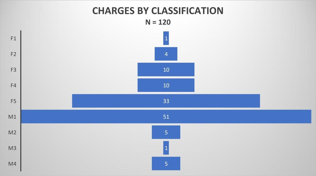 Figure 11. Charges by classification. Classification of most serious charge for each participant, as found in Criminal Justice Information Systems (CJIS).