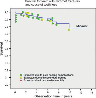 406 Andreasen et al. Fig. 3. Tooth survival for teeth with mid-root fractures and cause of tooth loss. Fig. 5. Tooth survival for teeth with cervical fractures and cause of tooth loss.