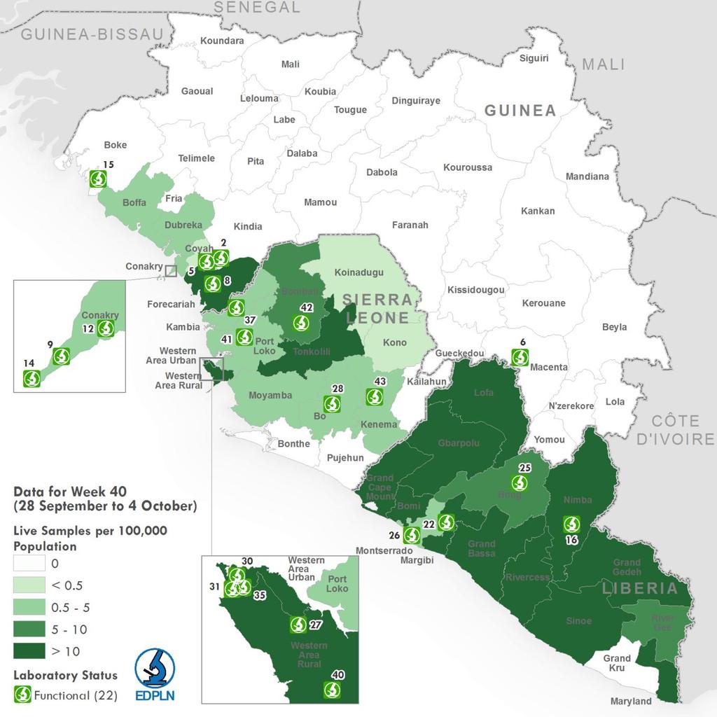 Figure 7: Location of laboratories and geographical distribution of samples from live patients in Guinea, Liberia, and Sierra Leone in the week to 4 October 2015 The analysis includes initial and