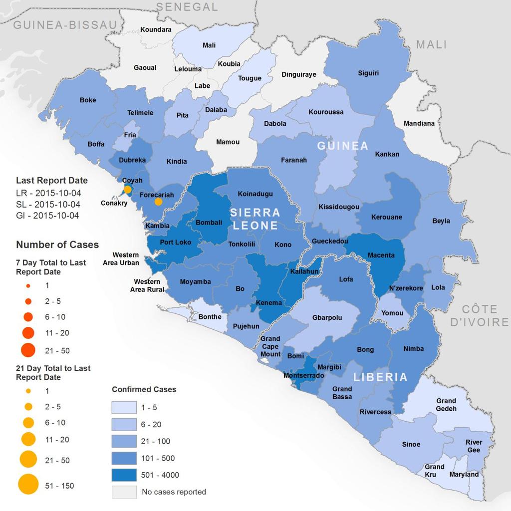 Figure 3: Geographical distribution of new and total confirmed cases in Guinea, Liberia, and Sierra Leone The boundaries and names shown and the designations used on this map do not imply the