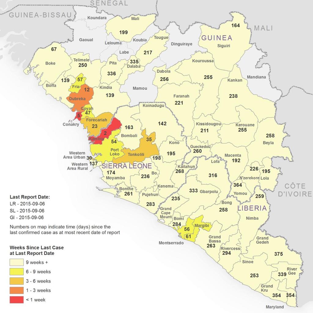 Figure 6: Time since last confirmed case in Guinea, Liberia, and Sierra Leone The boundaries and names shown and the designations used on this map do not imply the expression of any opinion