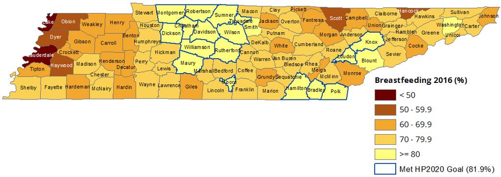 Breastfeeding Rates among Tennessee Newborns in 2016: By County TENNESSEE = 79.8% 17 of 95 counties have breastfeeding rates at or above Healthy People 2020 goal (81.