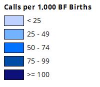 Notes: Numerator is number of TBH calls. Denominator is resident births indicating Y on Is child breastfed? question on birth certificate.