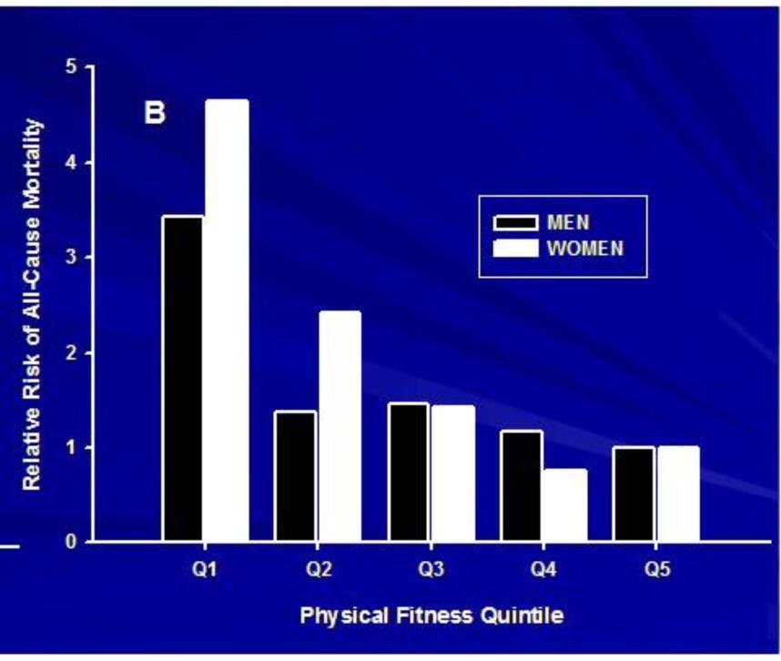 All-Cause Mortality & Aerobic Fitness Curvilinear inverse relation Women vs. men? Huge benefit!