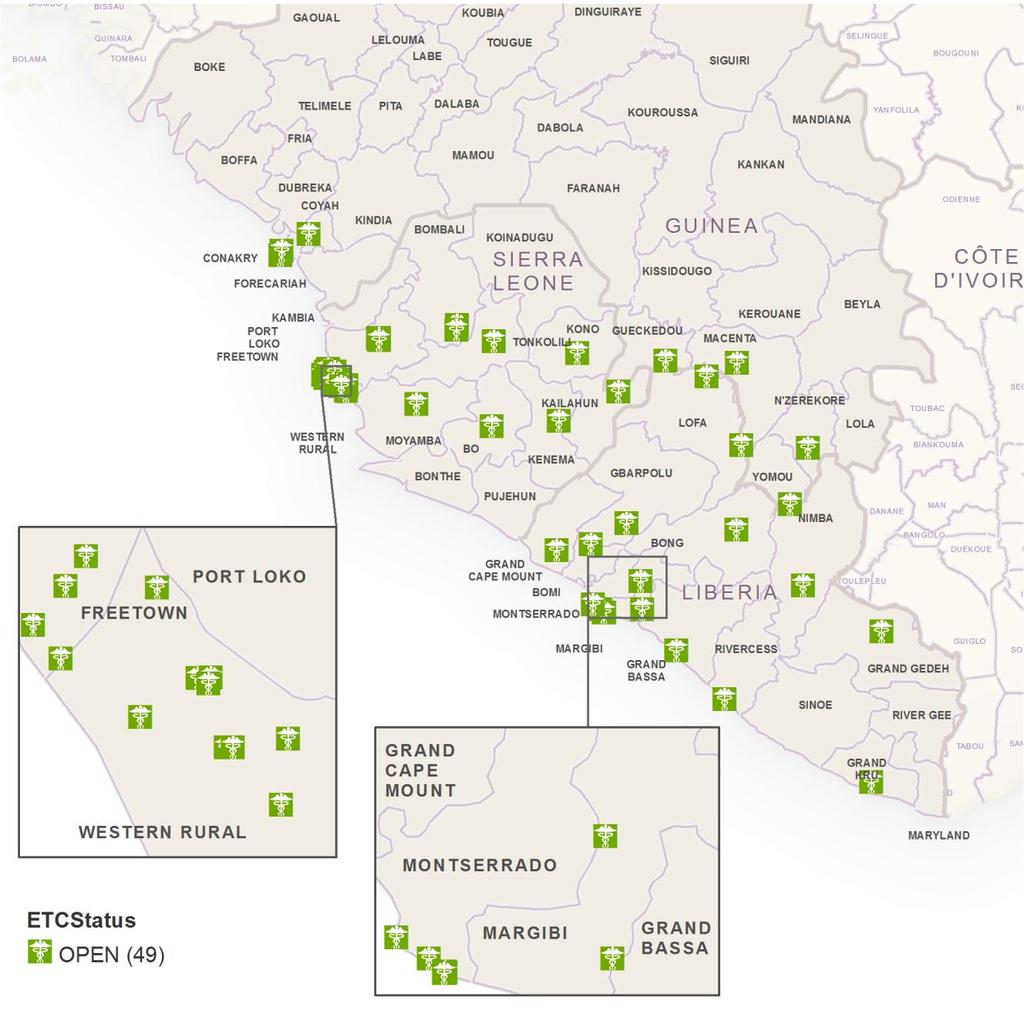 Figure 6: Location of Ebola treatment centres in Guinea, Liberia, and Sierra Leone Locations of community care centres and community transit centres are not shown.