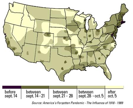 Influenza pandemics can be very sudden and spread rapidly: H1N1 1918, US data. Spread of the epidemic.
