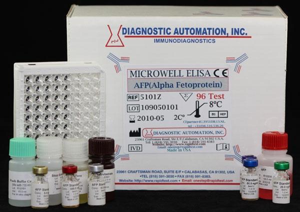 AFP ELISA kit Materials Provided with AFP ELISA Kit: 1. Microtiter wells coated with AFP ELISA Antibody 2. Zero buffer 3. Reference standard set: 0, 5, 20, 50, 150 & 300 ng/ml 4.