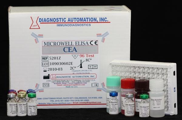 CEA ELISA kit Material Provided with CEA ELISA Kit: 1. Microtiter wells coated with Antibody 2. CEA standards containing; 0, 3, 12, 30, 60, and 120 ng/ml 3.