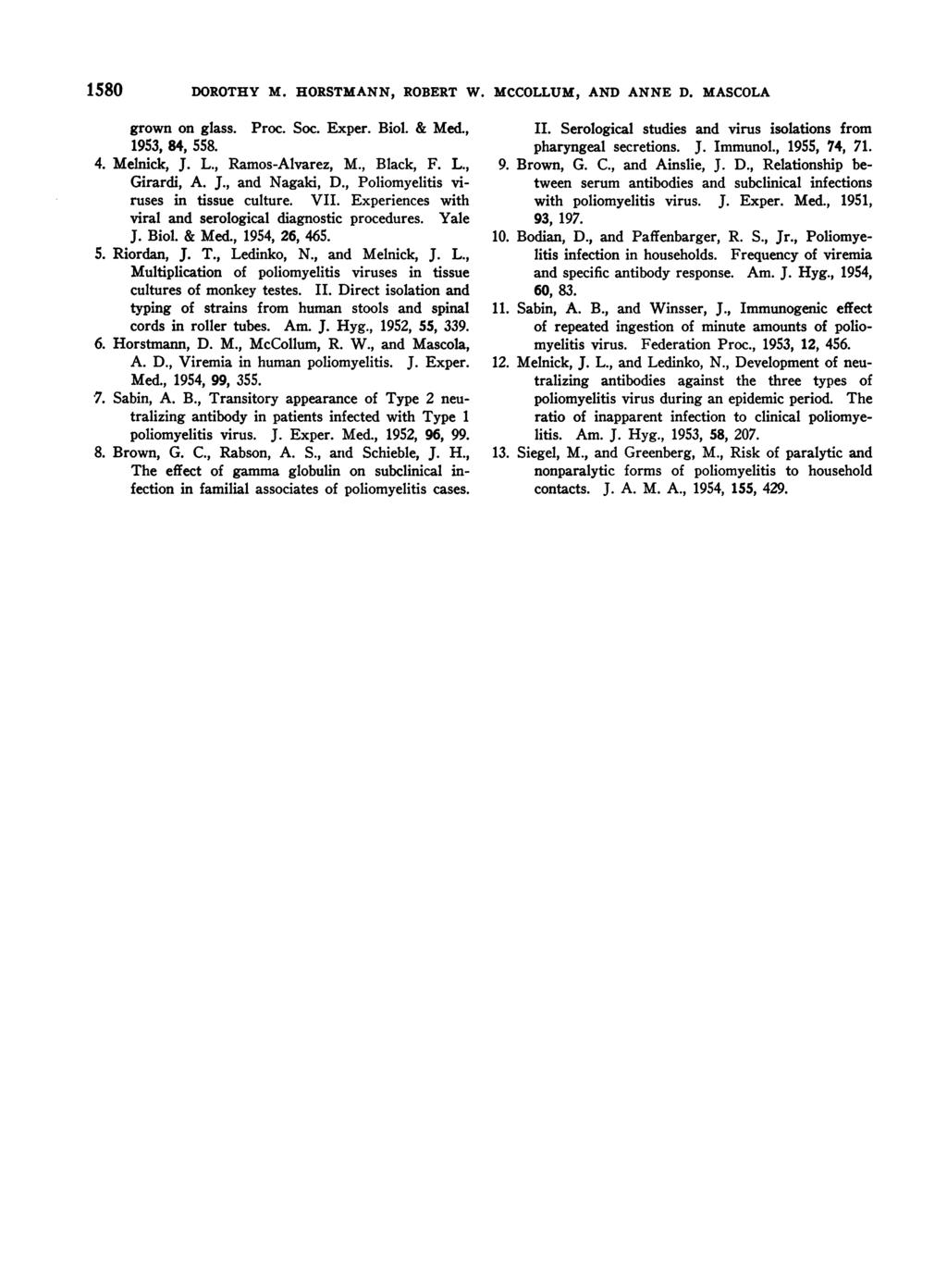 1580 DOROTHY M. HORSTMANN, ROBERT W. MCCOLLUM, AND ANNE D. MASCOLA grown on glass. Proc. Soc. Exper. Biol. & Med., 1953, 84, 558. 4. Melnick, J. L., Ramos-Alvarez, M., Black, F. L., Girardi, A. J., and Nagaki, D.