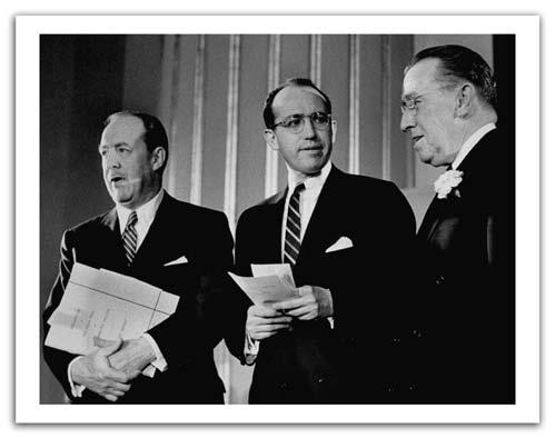 Dr. Thomas Francis, Dr. Jonas Salk, and Basil O Connor (head of the NFIP) at a press conference Finally, on the morning of April 12, 1955, Dr.