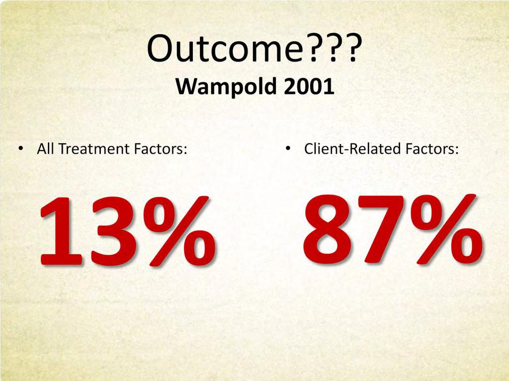 But, what is accounting for outcome? - All treatment factors combined accounted for only 13% of the variance in final outcome. - Client-Related and extra-therapeutic Factors explained 87% of variance.