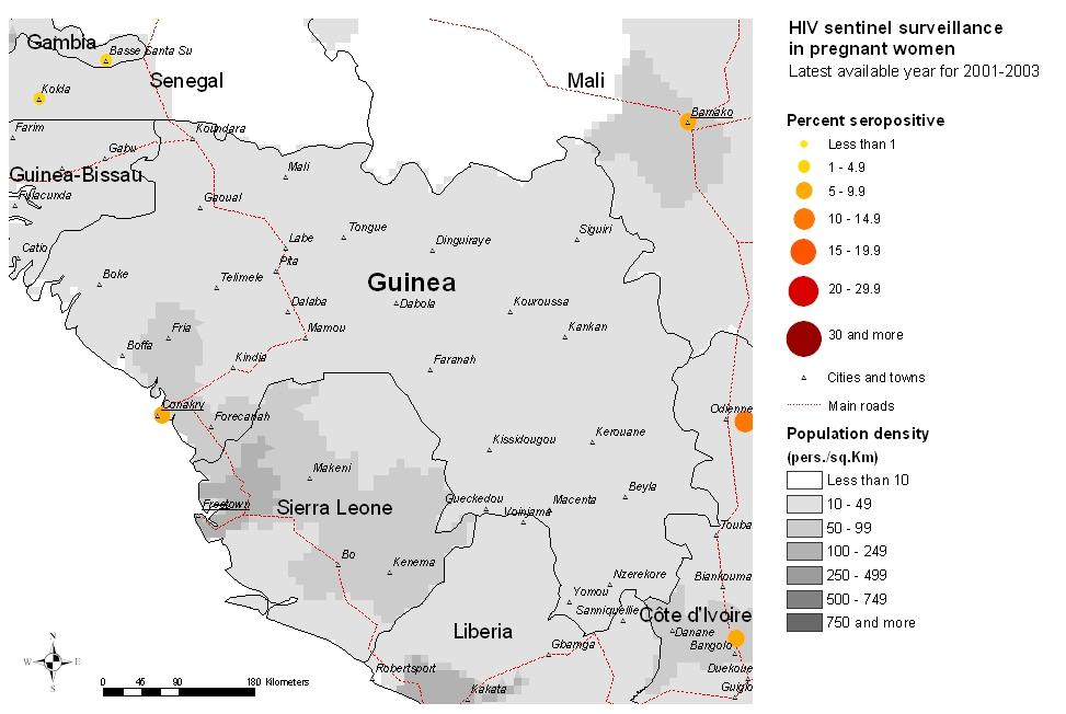 5 Guinea Maps & charts Mapping the geographical distribution of HIV prevalence among different population groups may assist in interpreting both the national coverage of the HIV surveillance system