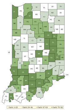 The maps on this page and the next display Indiana s counties divided into groups by health rank. Maps help locate the healthiest and least healthy counties in the state.