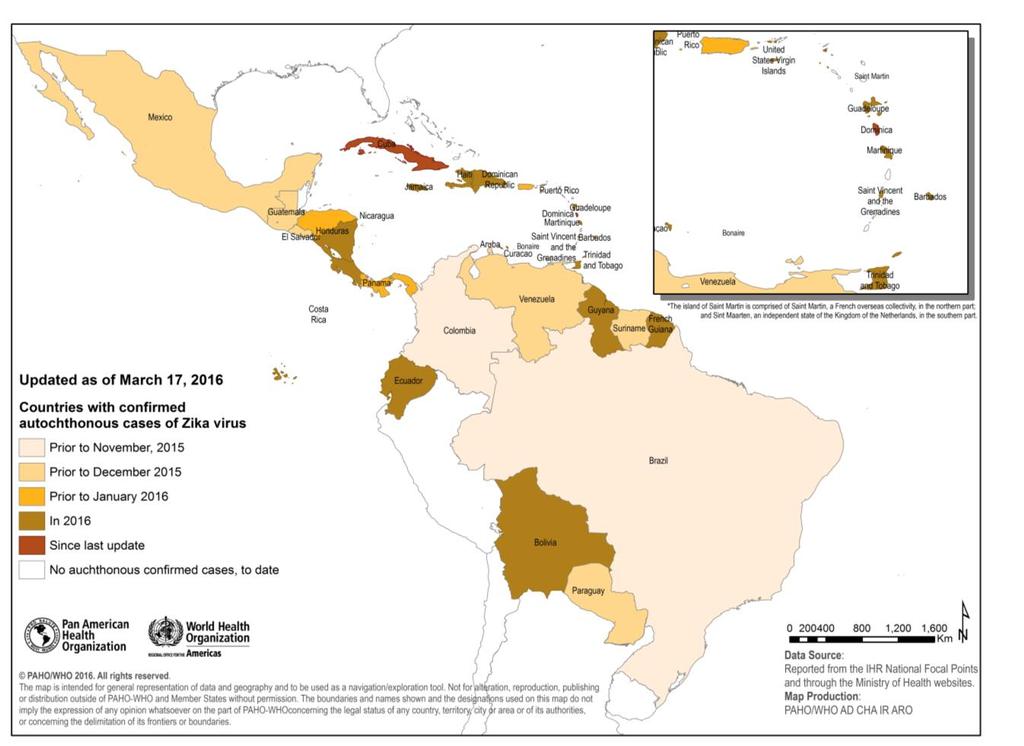 On 15 March, Dominica and Cuba reported the first autochthonous (locally-acquired) confirmed cases of Zika virus infection in their countries, bringing the total to 33 countries or territories