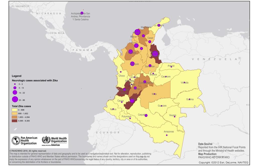 Figure 6: Territorial Entities with reported Zika virus cases and neurological syndrome, Colombia, December 2015 to 5 March 2016 Furthermore, during 2016, an increase in acute flaccid paralysis (AFP)