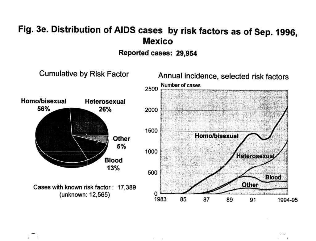Fig. 3e. Distribution of AIDS cases by risk factors as of Sep. 1996, Mexico Reported cases: 29,954 Cumulative by Risk Factor Homo/bisexual 56% Heterosexual.