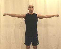 Raise the arm straight out to the side, palm down, until the hands reach shoulder level. Do not raise the hands higher than the shoulder. Pause and slowly lower the arm.