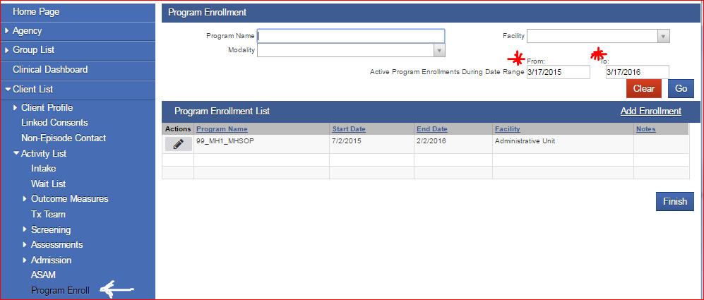 ADD Enrollments based on level of care and type of treatment (SUD or MH) Select existing Enrollments to