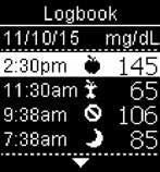6 Logbook Logbook 1 Review Your Data 2 Turn the meter on by briefly pressing. From Main Menu, press to highlight My Data. Press.